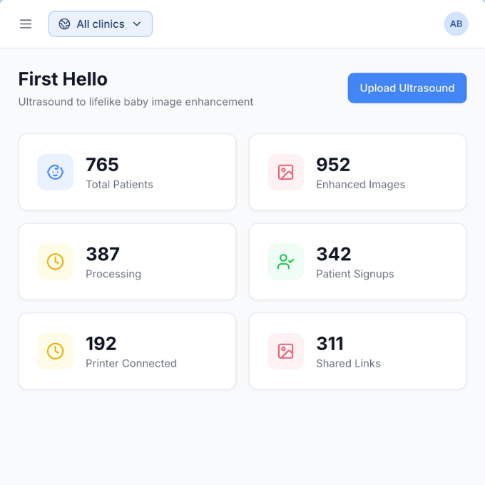 First Hello dashboard — AI ultrasound enhancement
