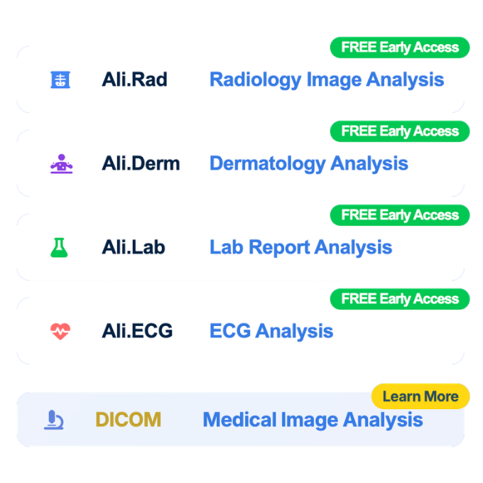 Ali.AI diagnostic suite — Ali.Rad, Ali.Derm, Ali.Lab, Ali.ECG